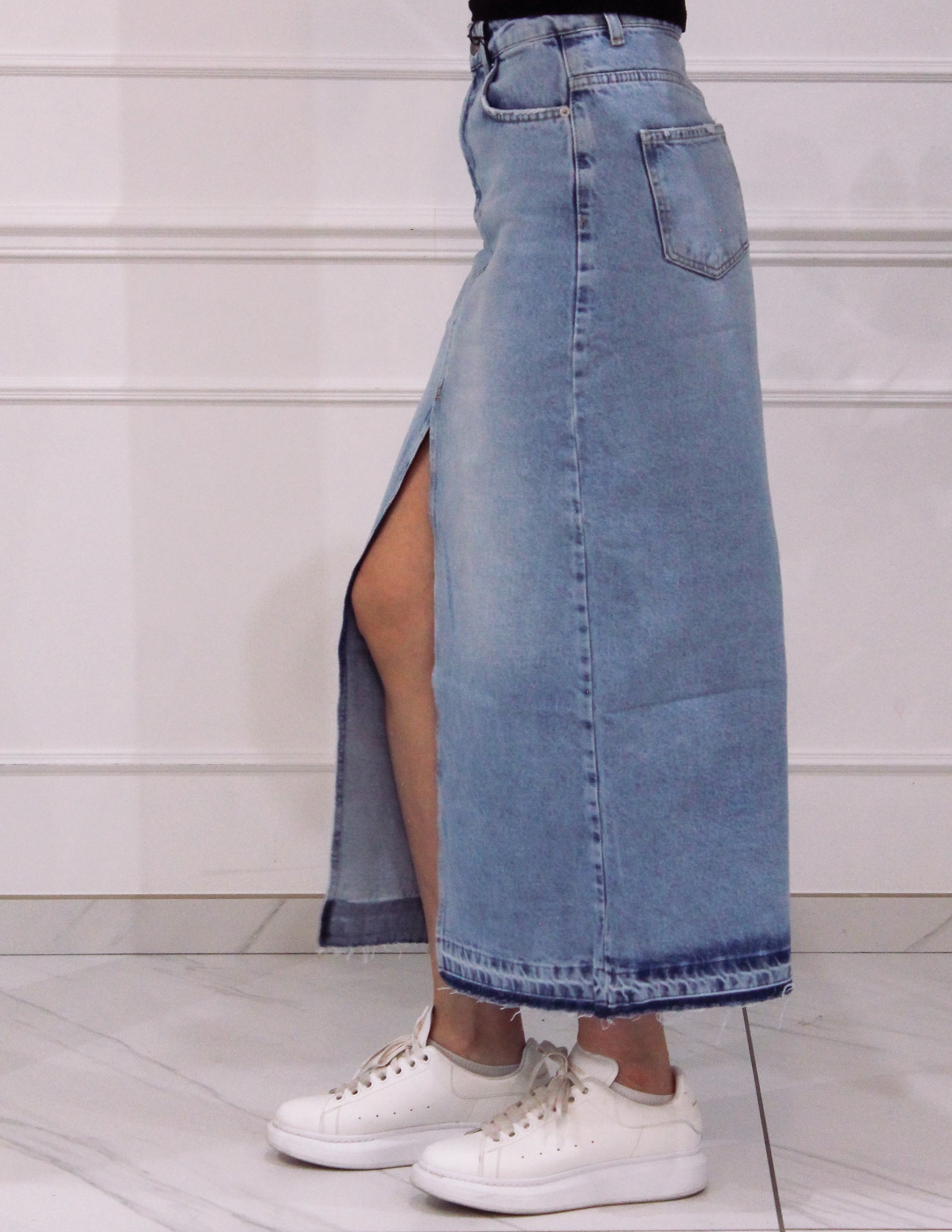 Long denim skirt with slit