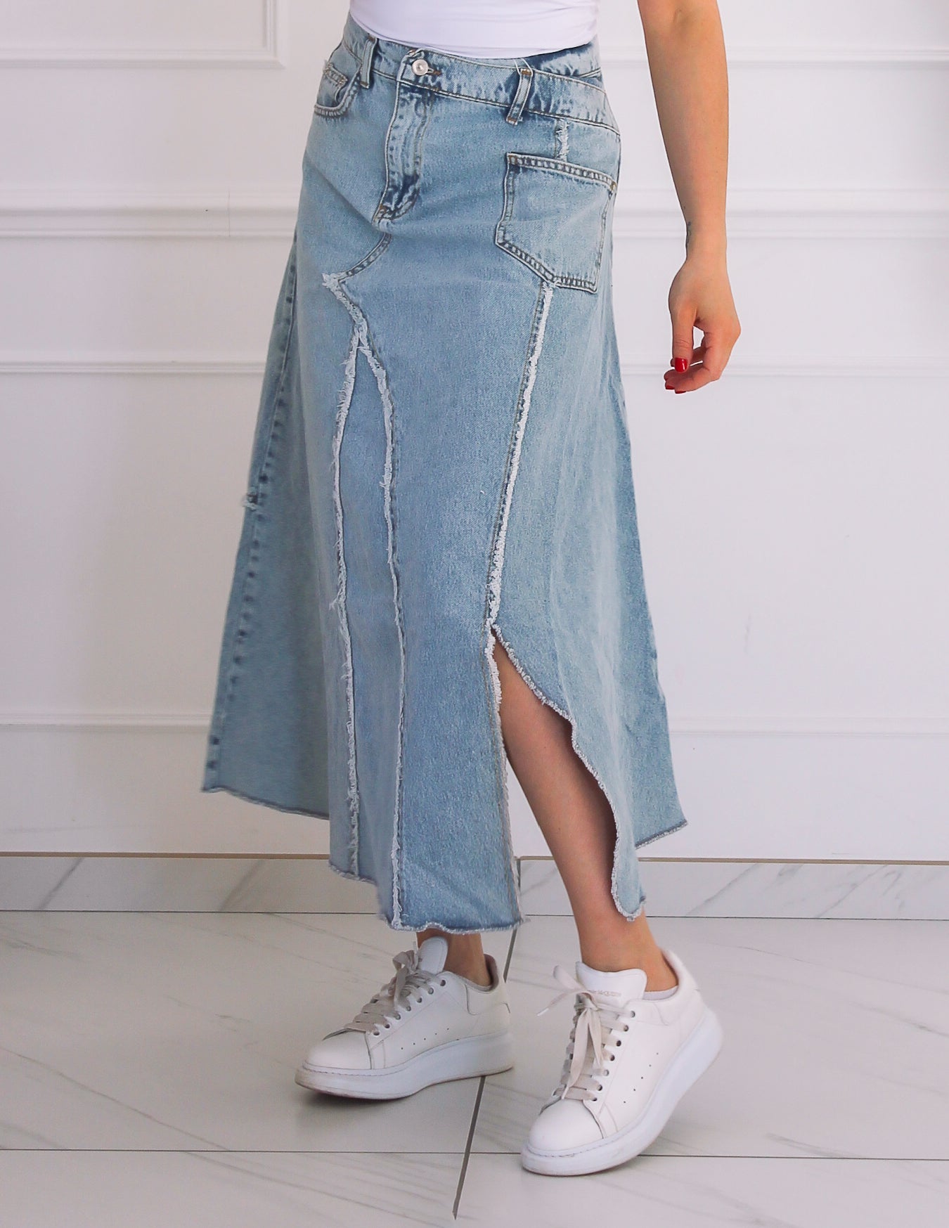 Long asymmetrical denim skirt