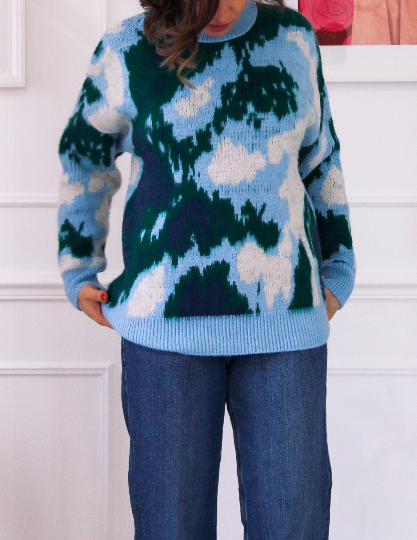 Pull avec motif bleu et vert