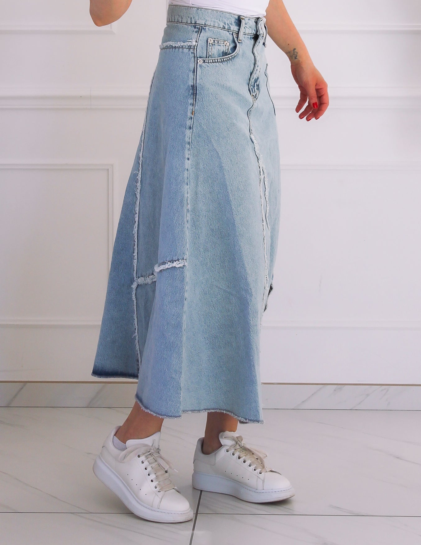 Long asymmetrical denim skirt