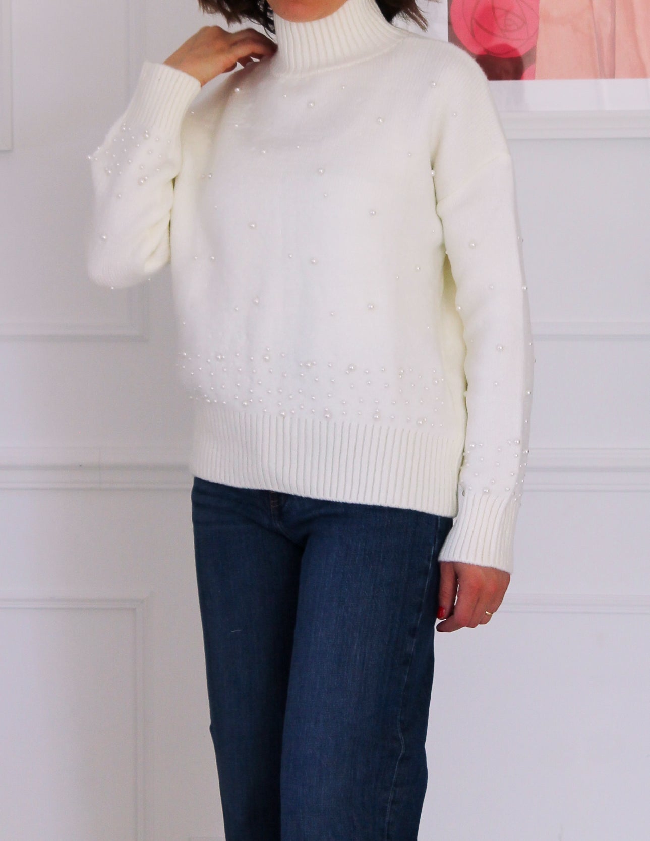 Pearl-embellished high-neck sweater