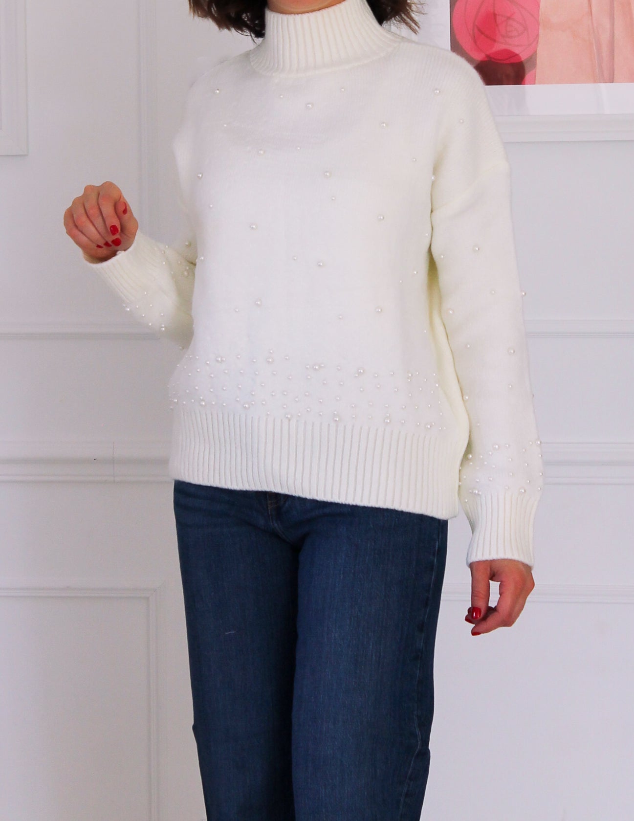 Pearl-embellished high-neck sweater