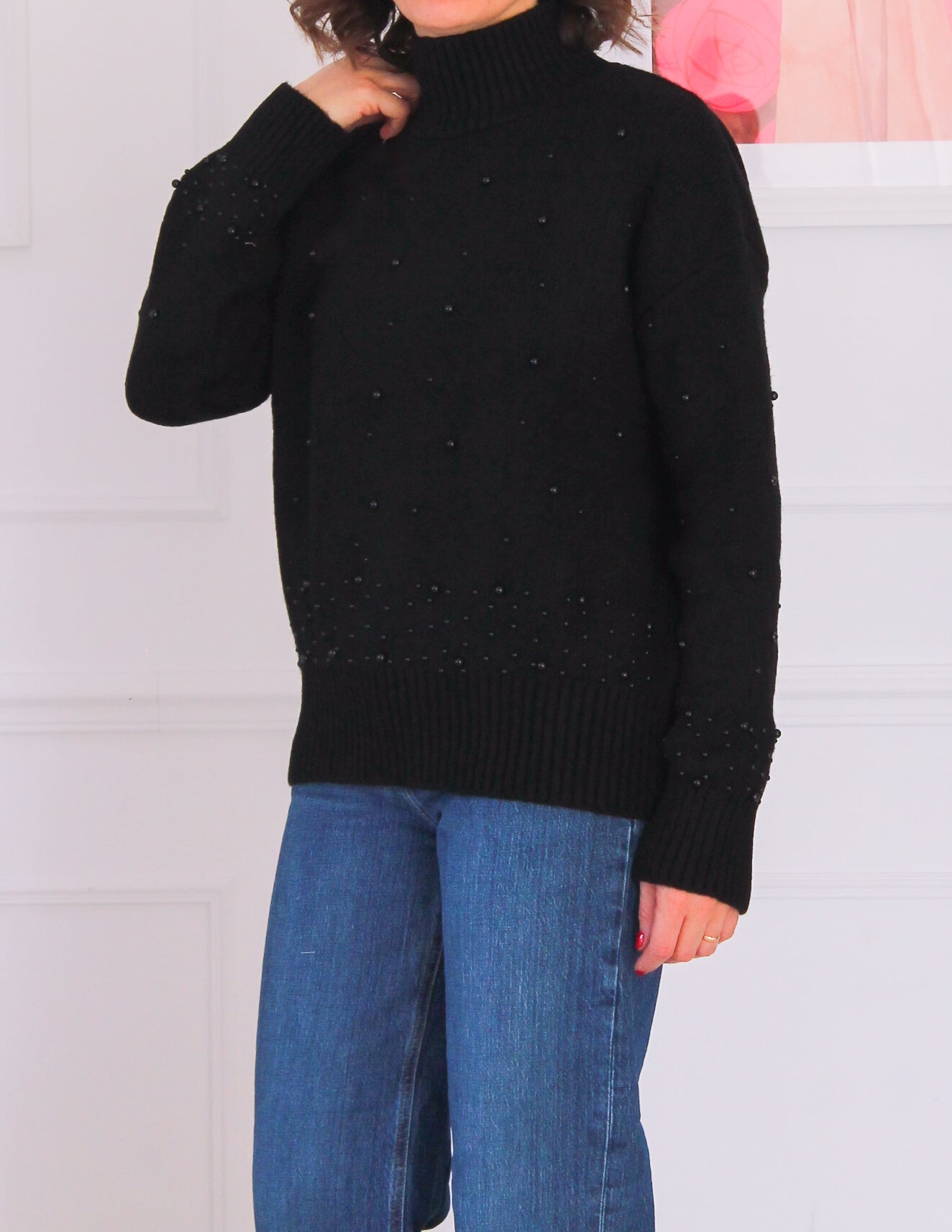 Pearl-embellished high-neck sweater