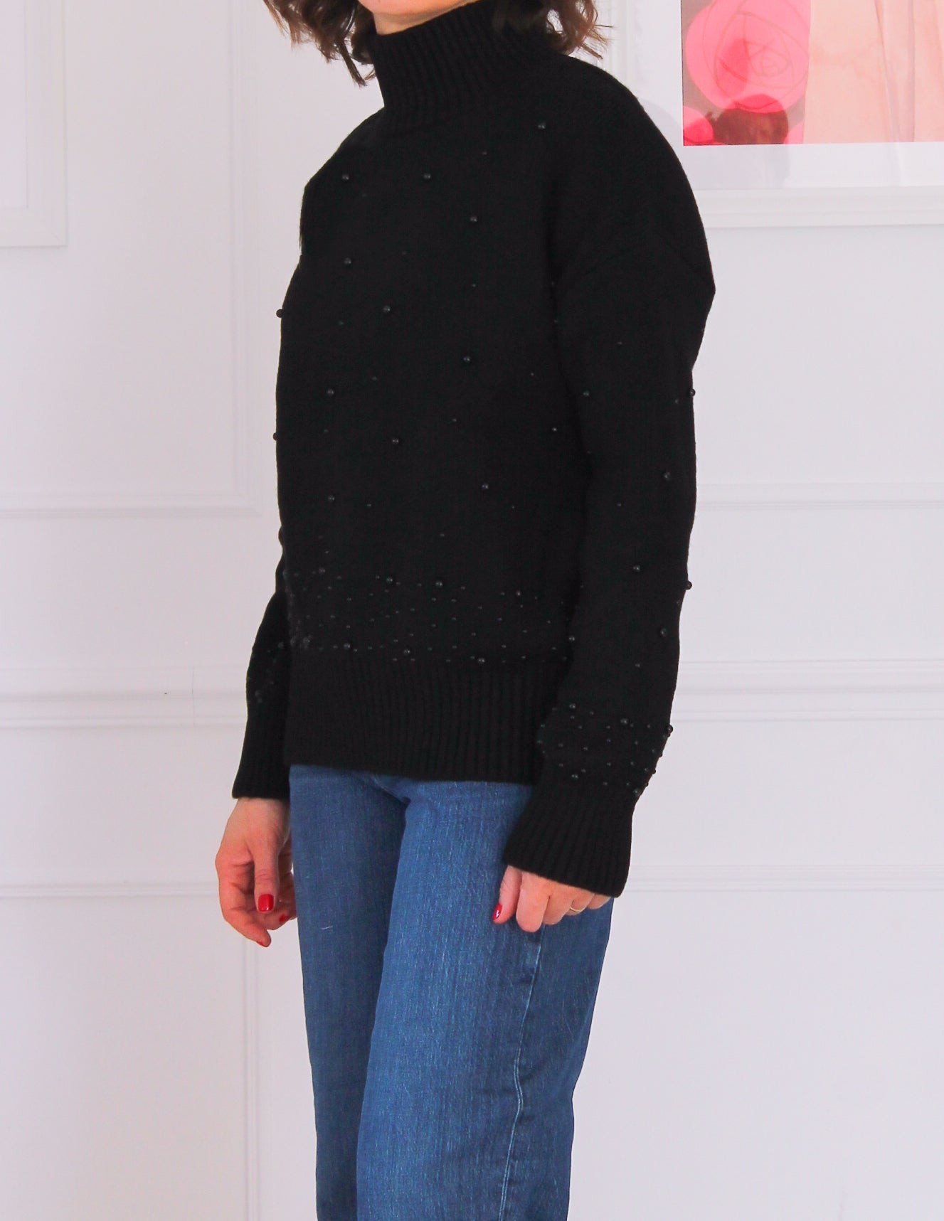 Pearl-embellished high-neck sweater