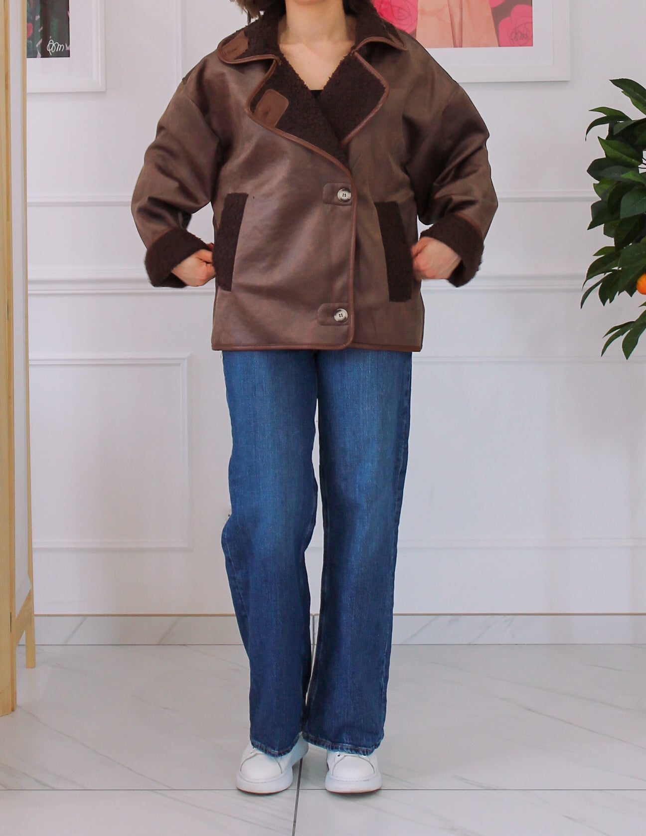 Brown bi-material jacket