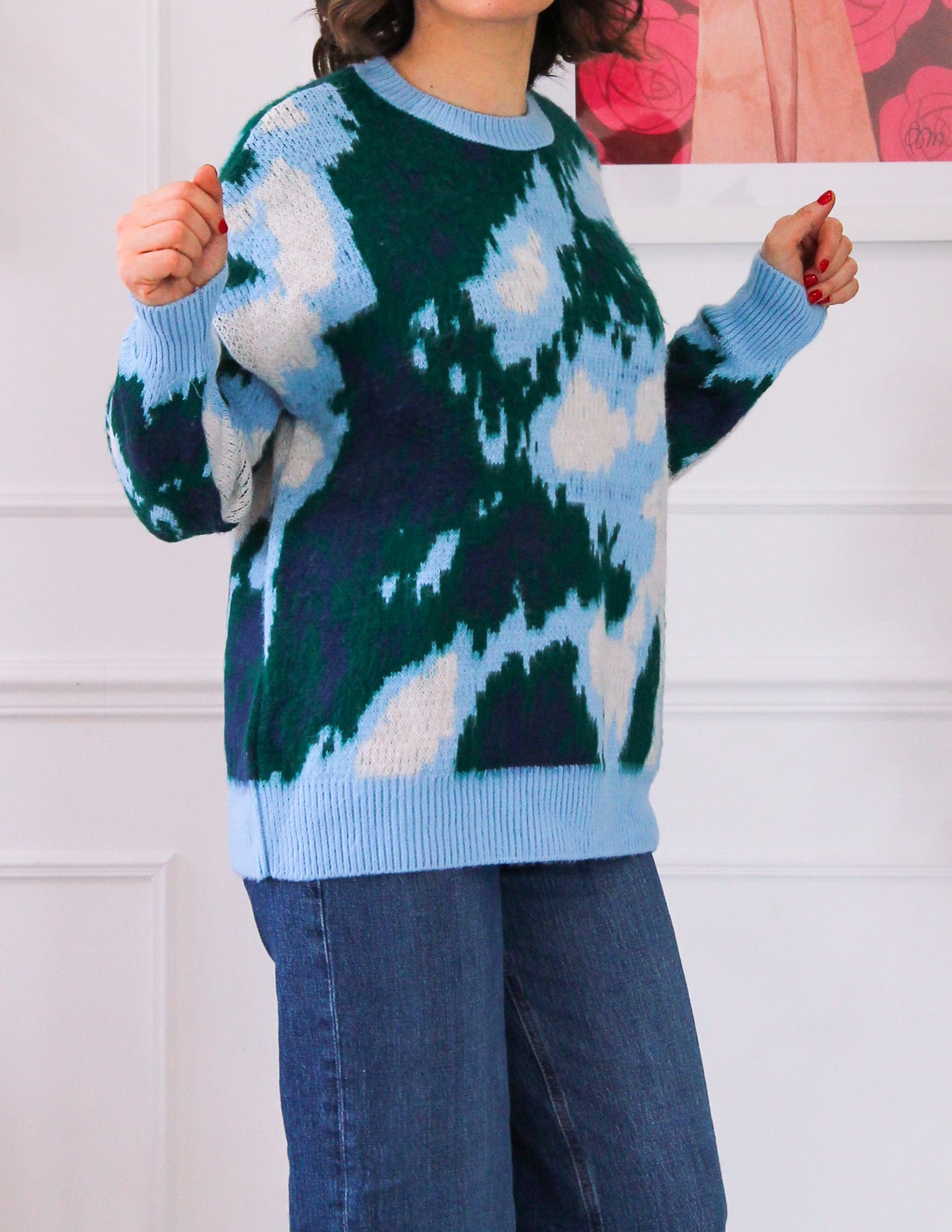 Sweater with blue and green pattern