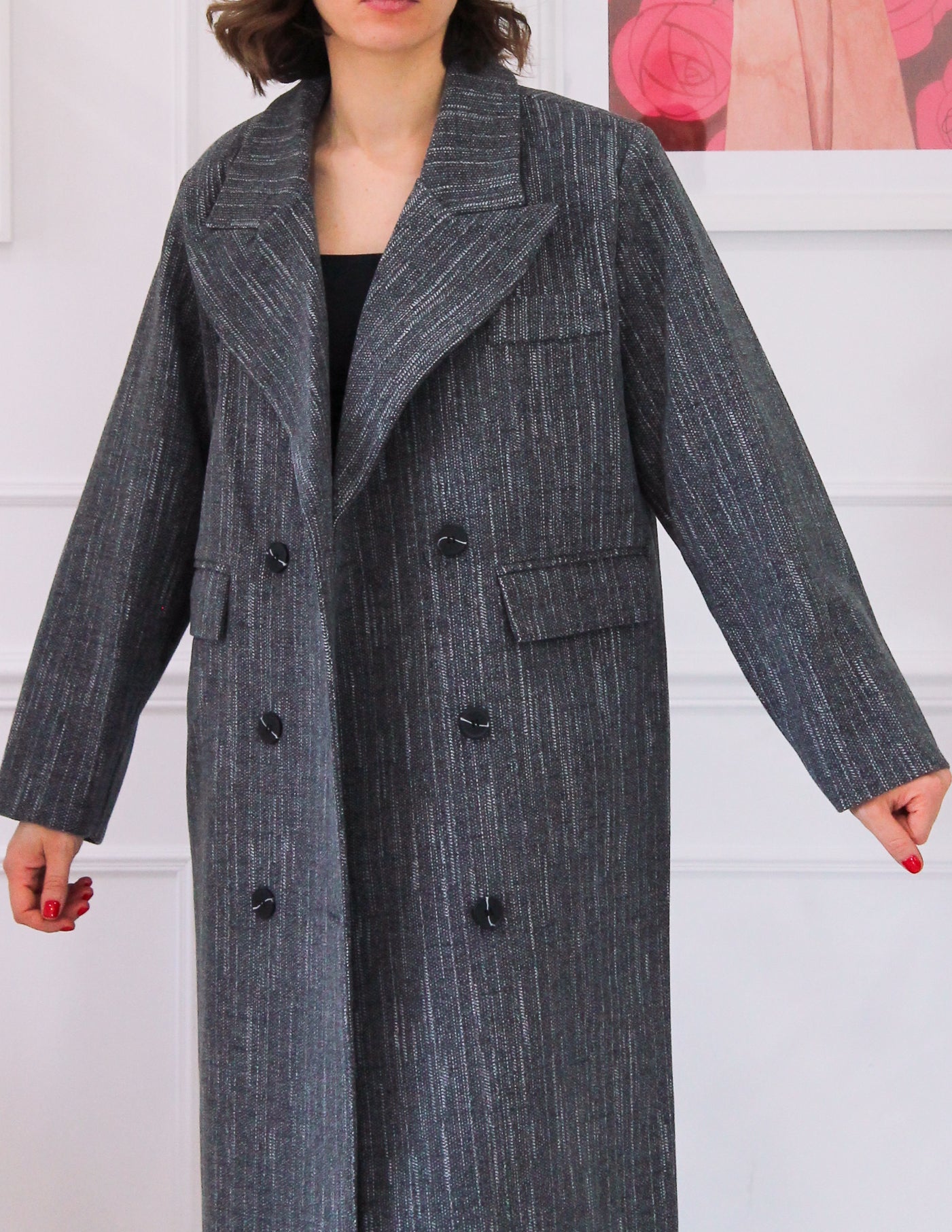 Long gray coat with white stripes