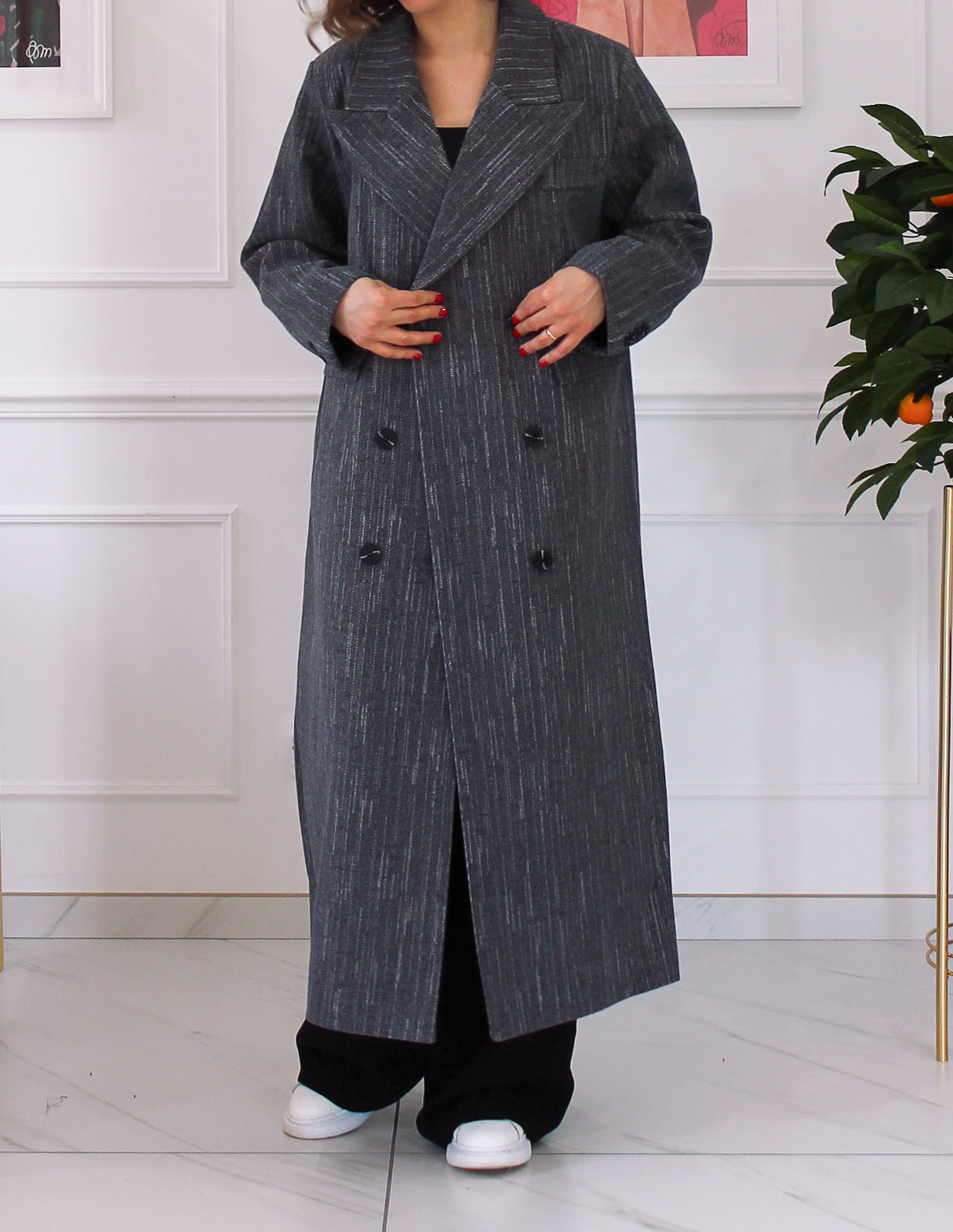 Long gray coat with white stripes