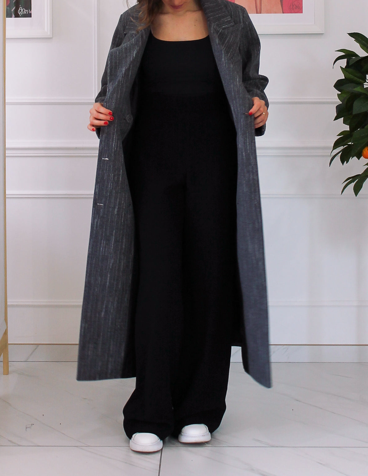 Long gray coat with white stripes