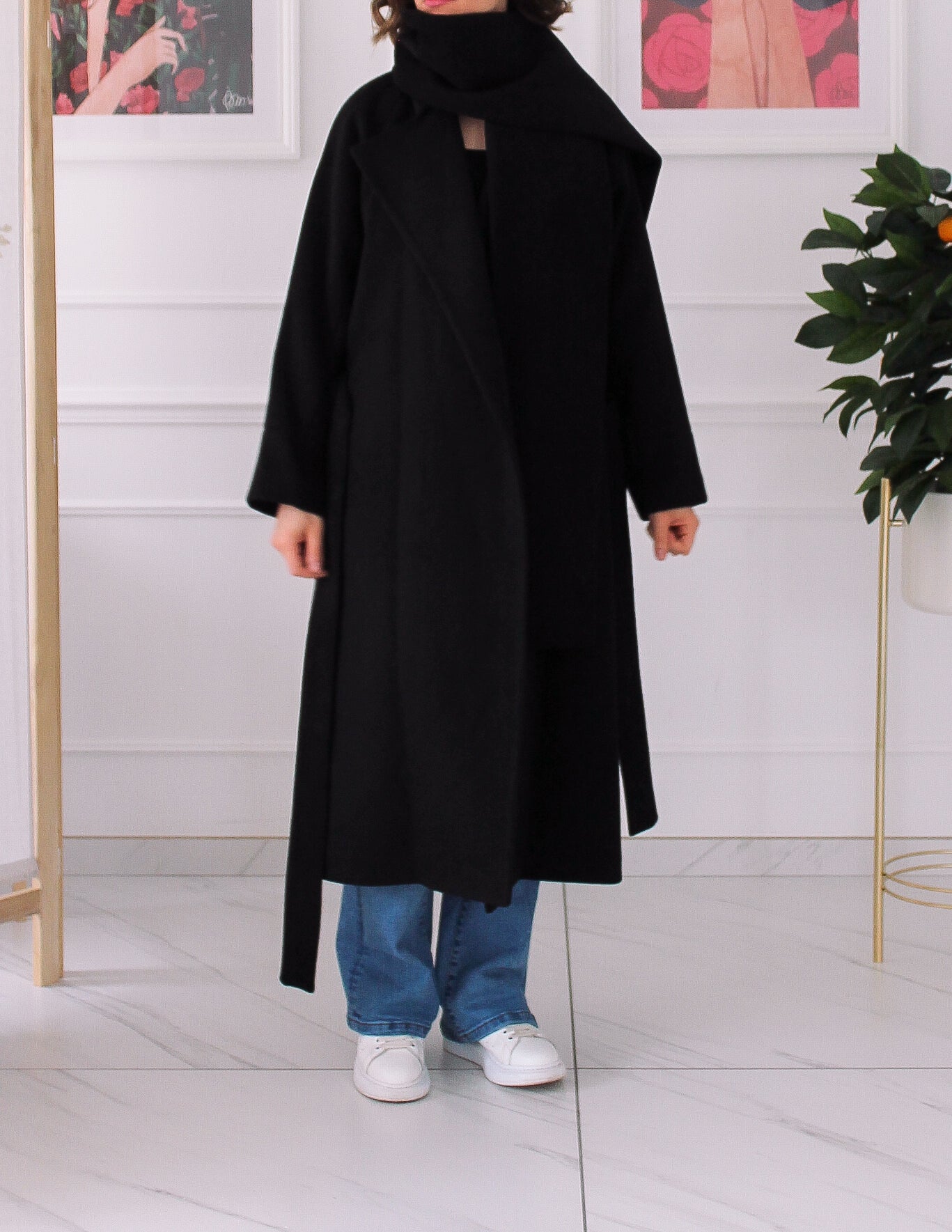 Black coat with a built-in scarf