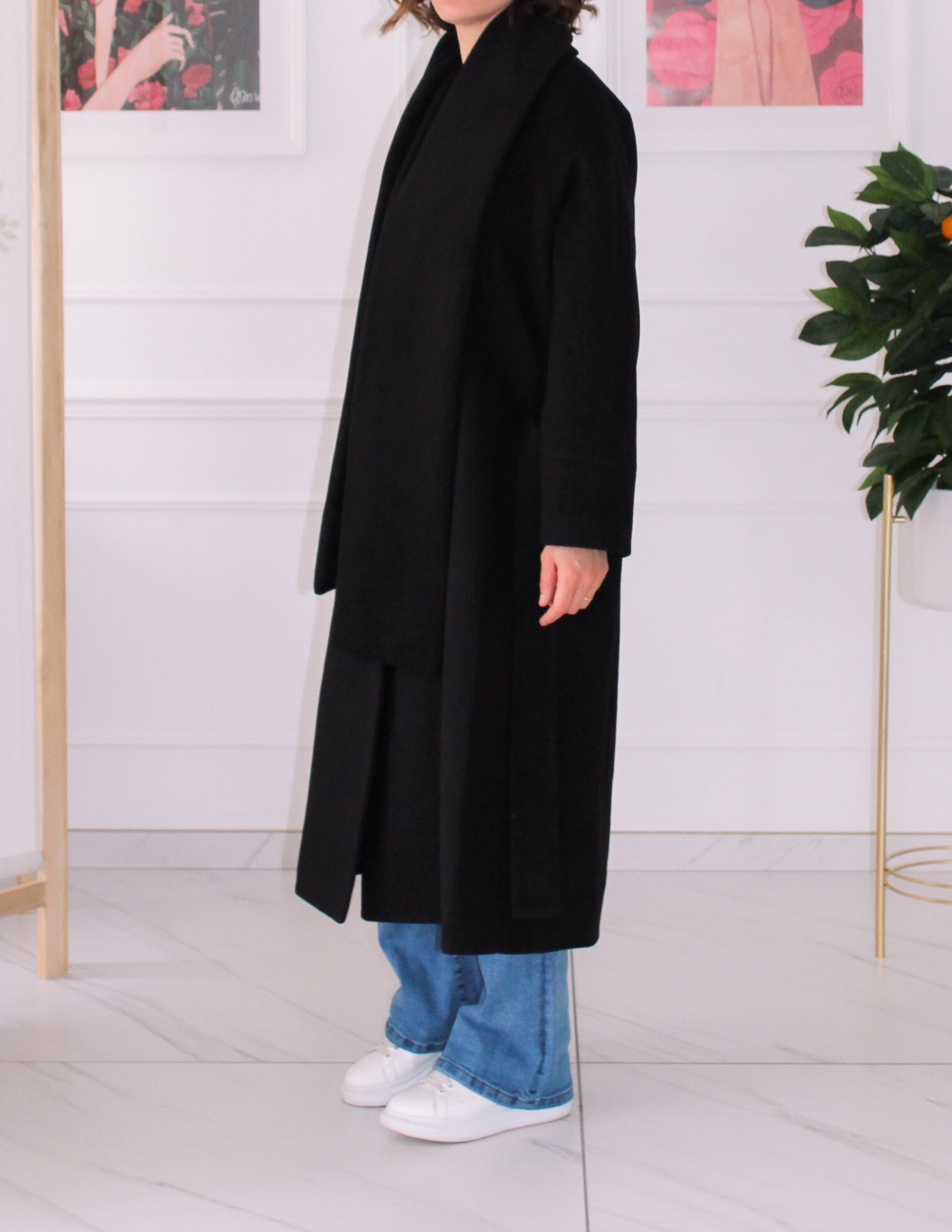 Black coat with a built-in scarf