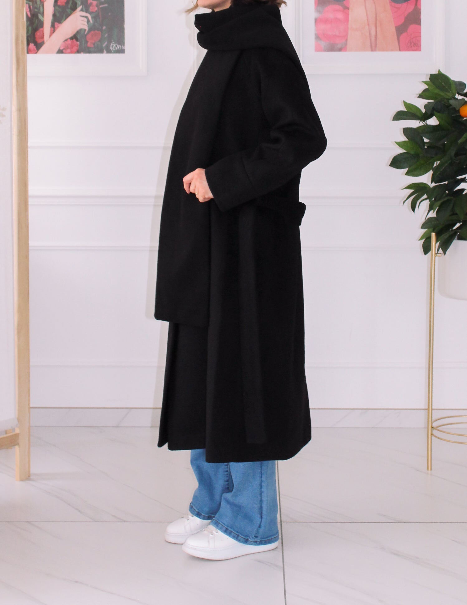 Black coat with a built-in scarf