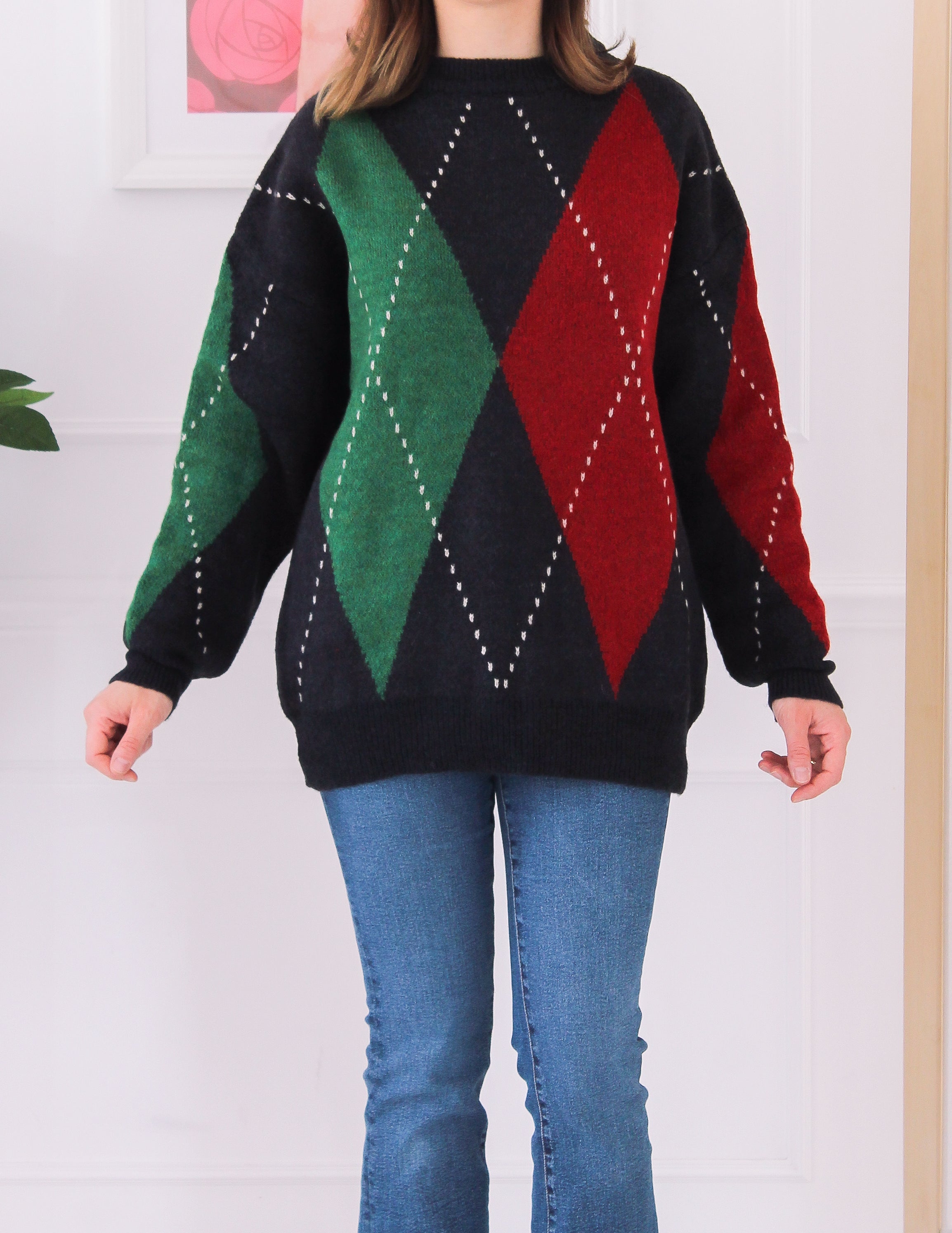 Pull losange rouge et vert