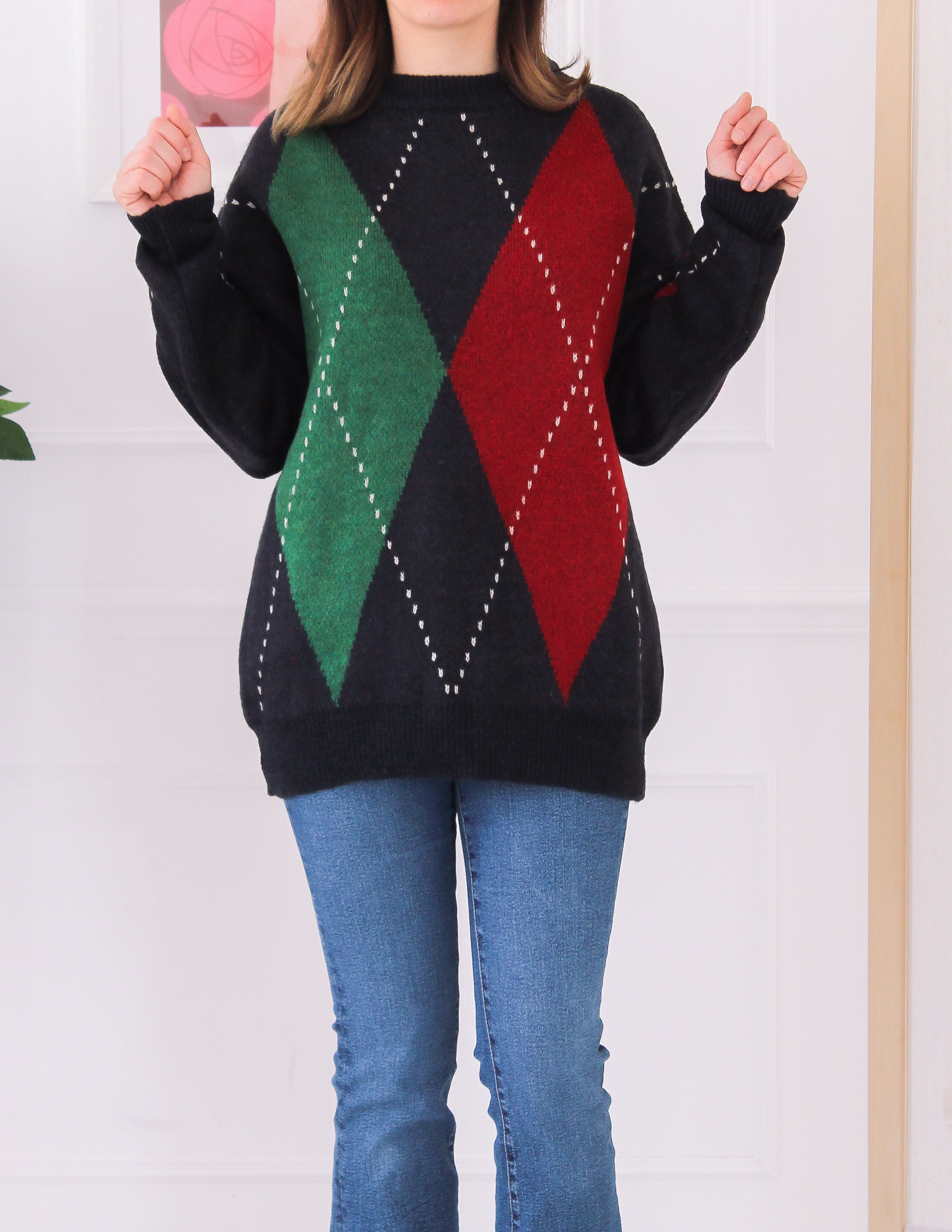 Pull losange rouge et vert