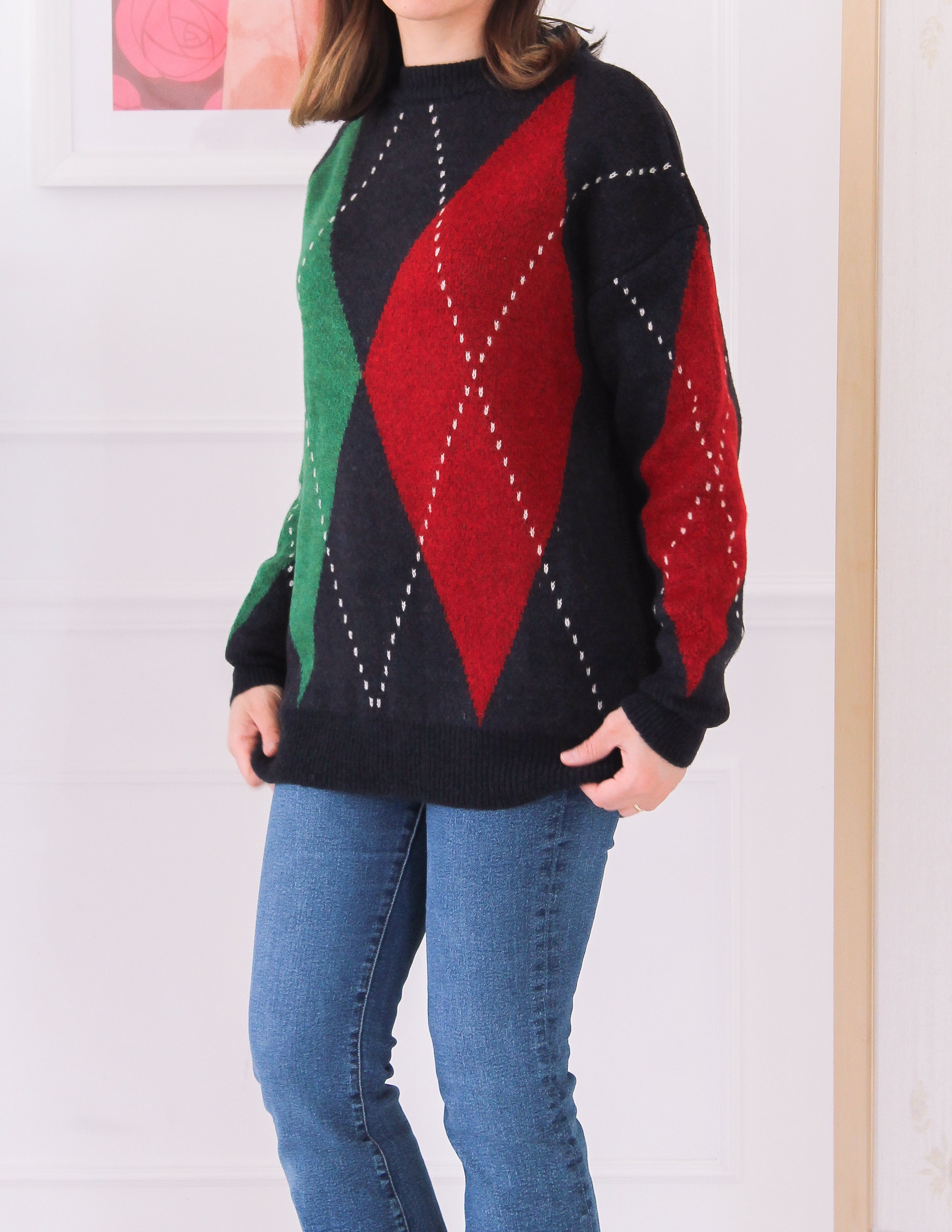 Pull losange rouge et vert