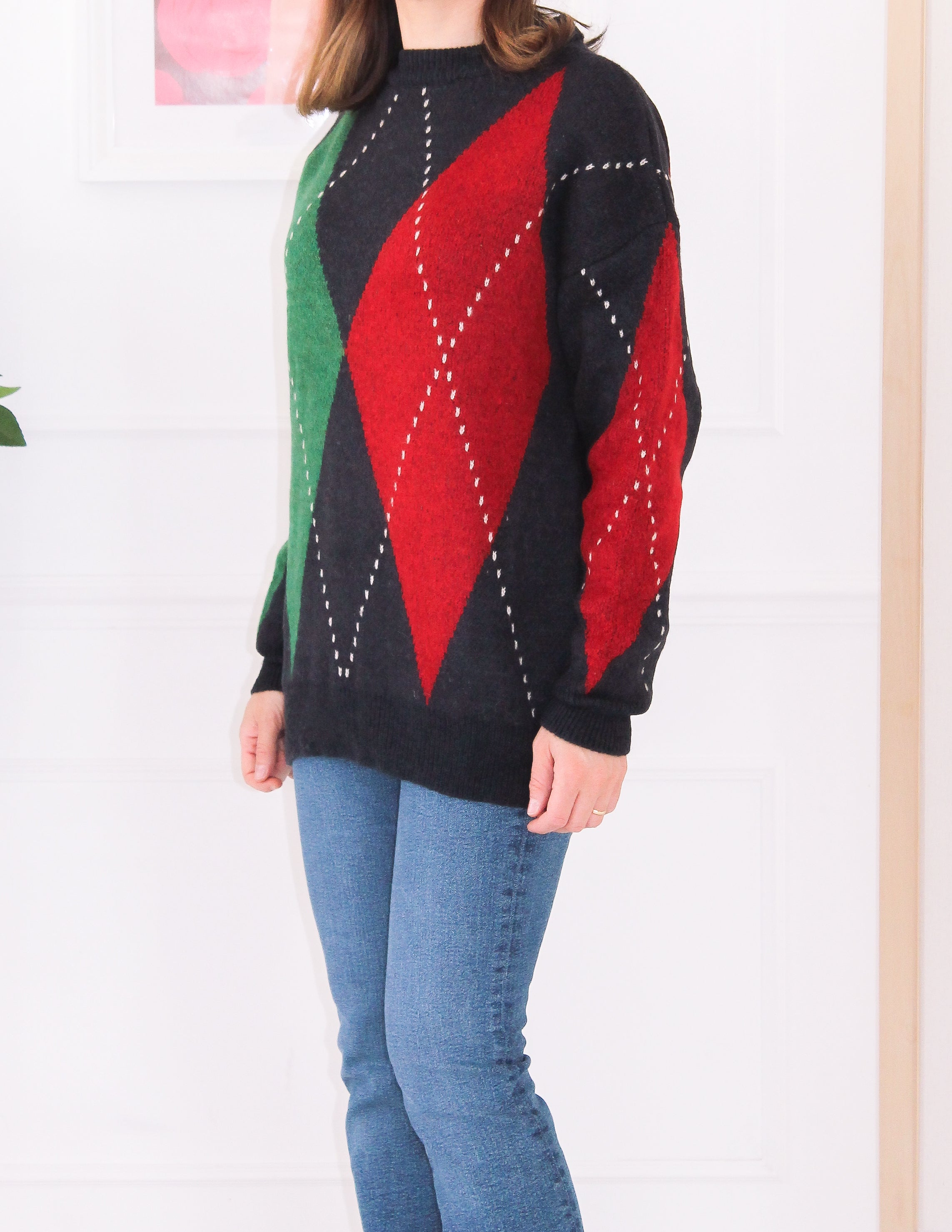 Pull losange rouge et vert